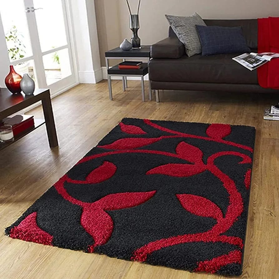 Kashyapa Rugs Collection-Premium Black With Red leaf Soft Microfiber Area Rug.
