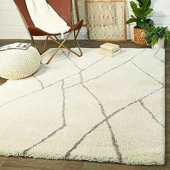 Kashyapa Rugs Collection-Ivory With Grey lining Soft Microfiber Fluffy Rug.