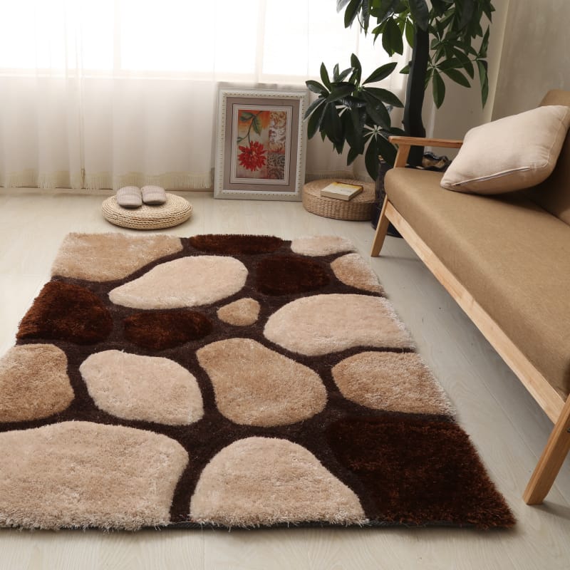 Brown, Beige & Ivory Pebble Pattern Premium Shaggy Rug – Soft Feel with Anti-Skid Backing