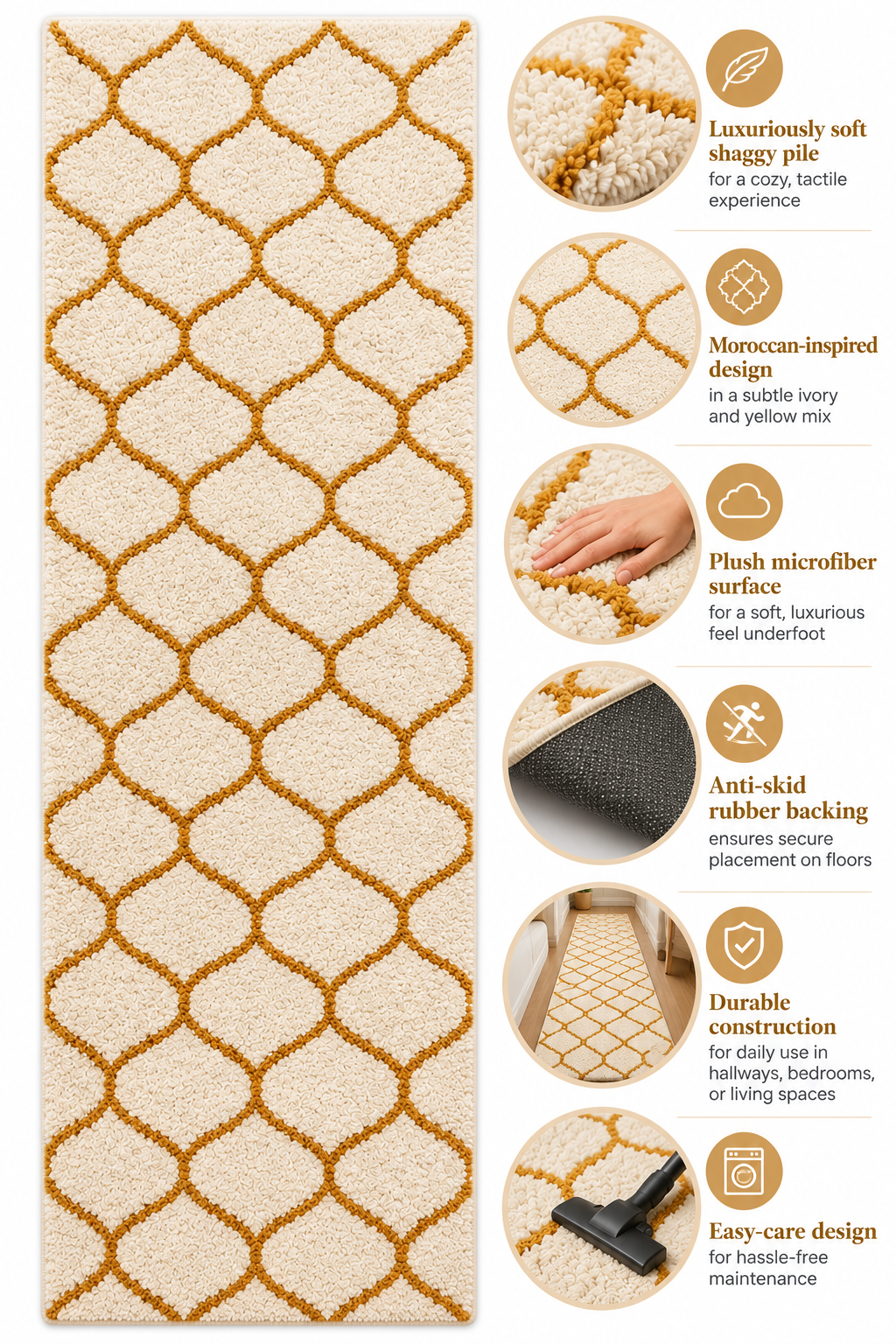 Moroccan Style Microfiber Runner – Ivory & Yellow Mix with Anti-Skid Rubber Backing