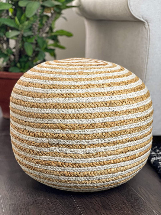 Kashyapa Rugs Collection-White Cotton Natural Jute Pouf.