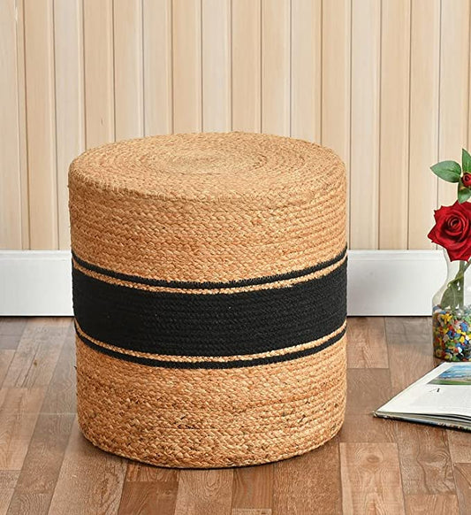 Kashyapa Rugs Collection-Natural with Black Jute Pouf.