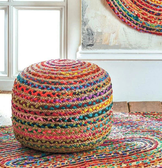 Kashyapa Rugs Collection-Braided Multi Chindi Jute Pouf.