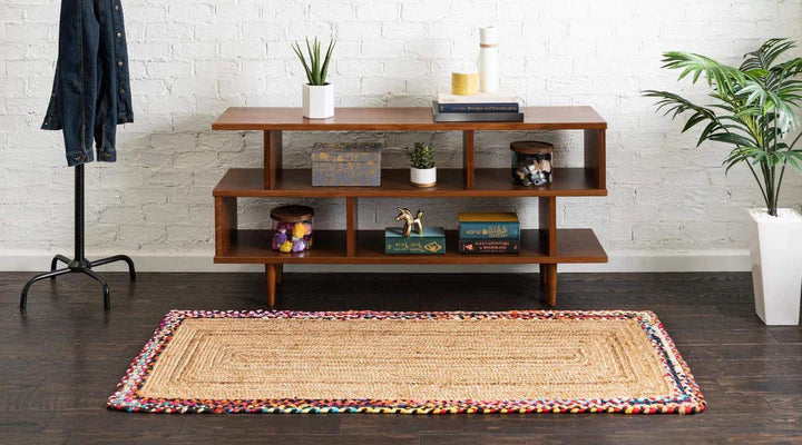 Kashyaparugs handwoven natural jute and cotton chindi classic area rug with colorful hand-braided border – lightweight, durable, ideal for entryways and hallways