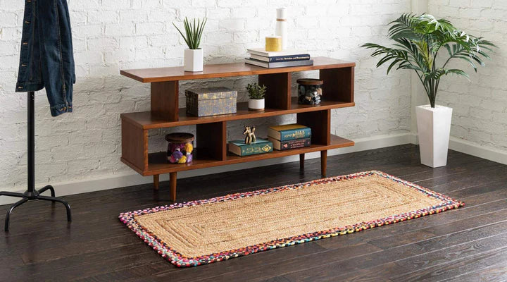 Kashyaparugs handwoven natural jute and cotton chindi classic area rug with colorful hand-braided border – lightweight, durable, ideal for entryways and hallways