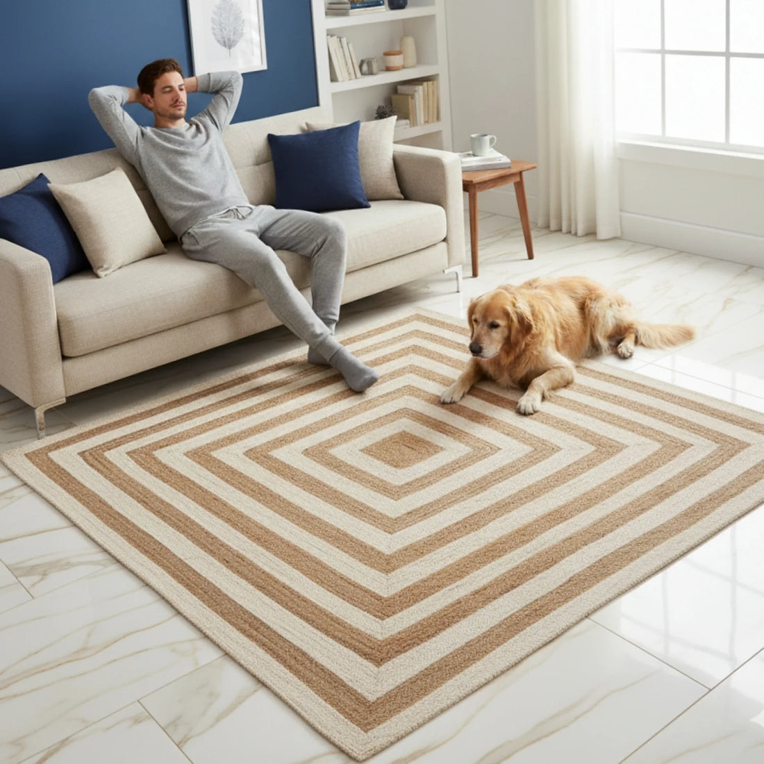 Kashyaparugs handwoven braided natural jute square rug in white and beige – eco-friendly, artisanal craftsmanship, soft and inviting underfoot