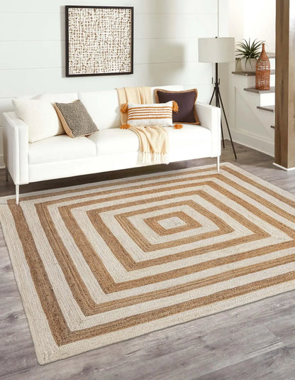 Square Border Braided Natural Rug Hand Woven Jute/Rug - White, Beige