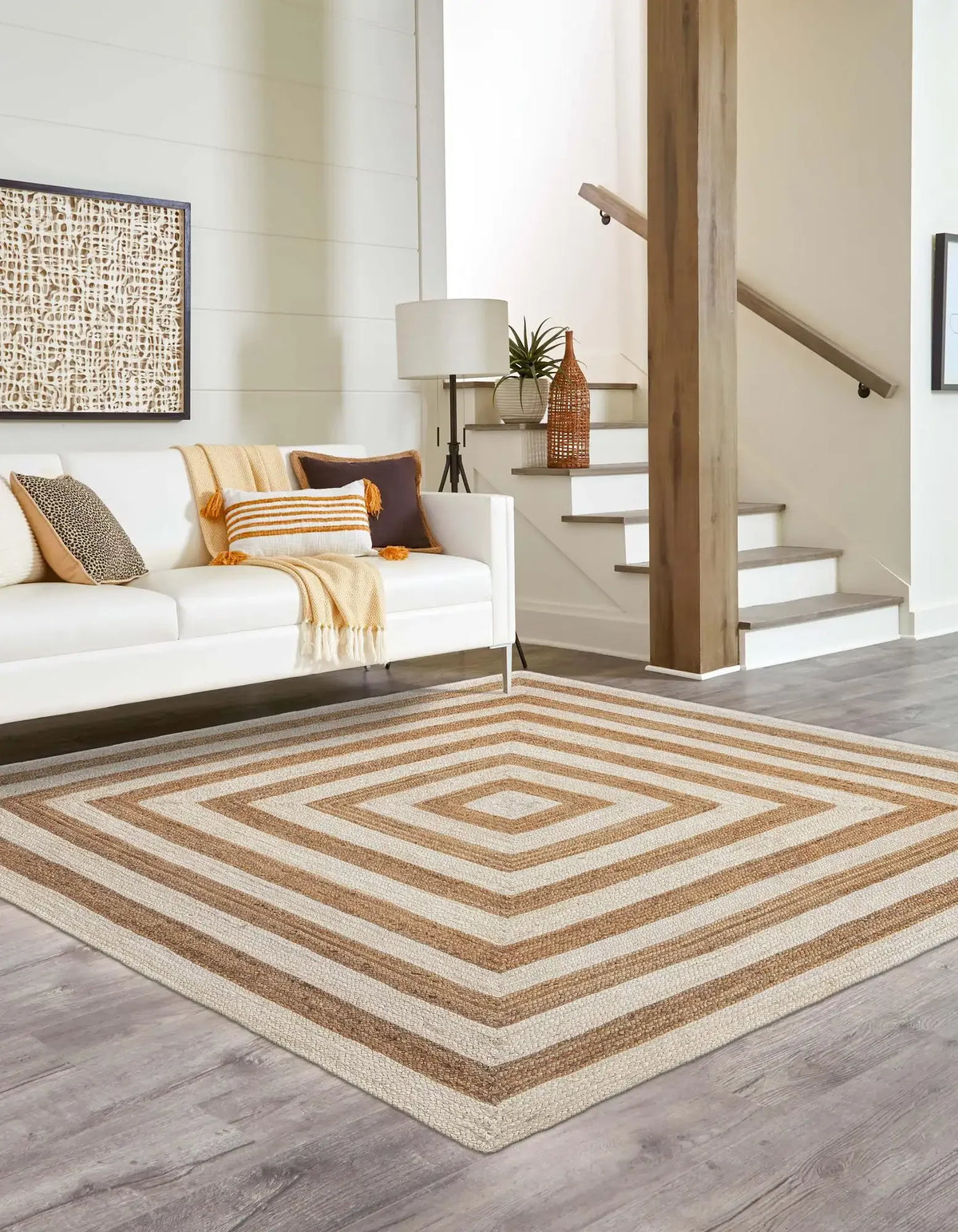 Square Border Braided Natural Rug Hand Woven Jute/Rug - White, Beige