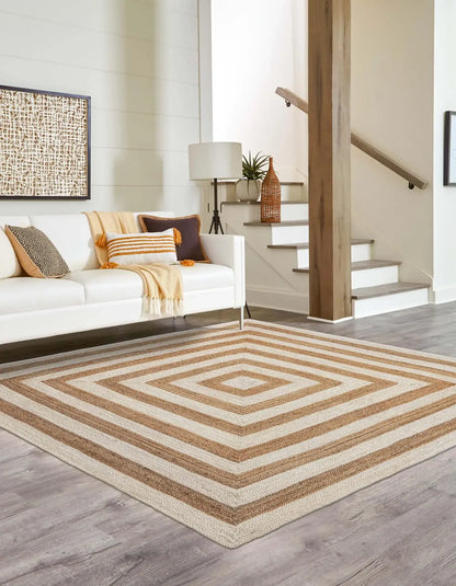 Square Border Braided Natural Rug Hand Woven Jute/Rug - White, Beige