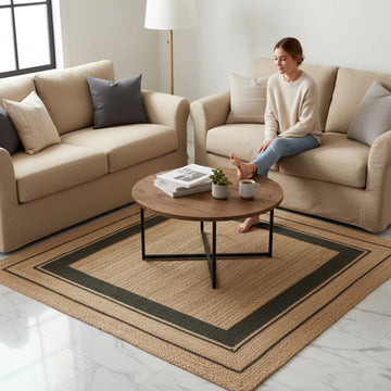 Kashyaparugs handmade braided natural jute square area rug with black bordered design – structured weave, earthy texture, suits modern and Scandinavian interiors