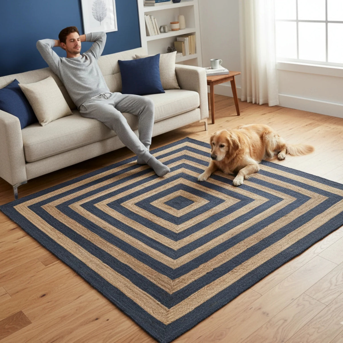 Kashyaparugs handwoven natural jute square rug with beige and black geometric border pattern – structured braided weave, durable for high-traffic areas
