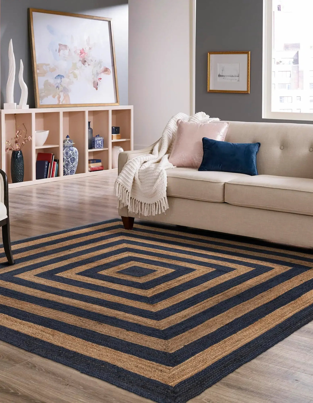 Square Border Braided Natural Rug Hand Woven Jute/Rug - Beige, Black