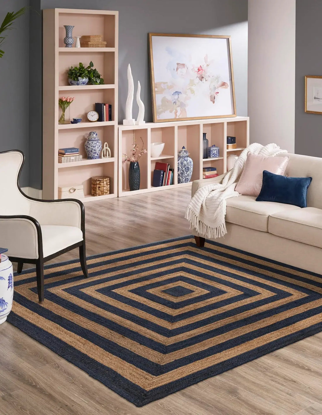 Kashyaparugs handwoven natural jute square rug with beige and black geometric border pattern – structured braided weave, durable for high-traffic areas
