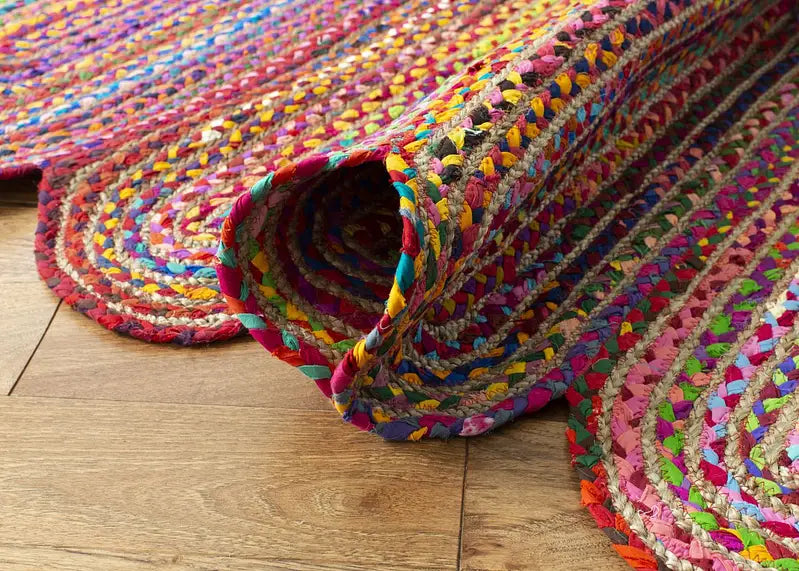 Natural Jute with Multicolor cotton Dye Scalloped Design Handmade Braided Farmhouse Rectangle Jute Area Rug.