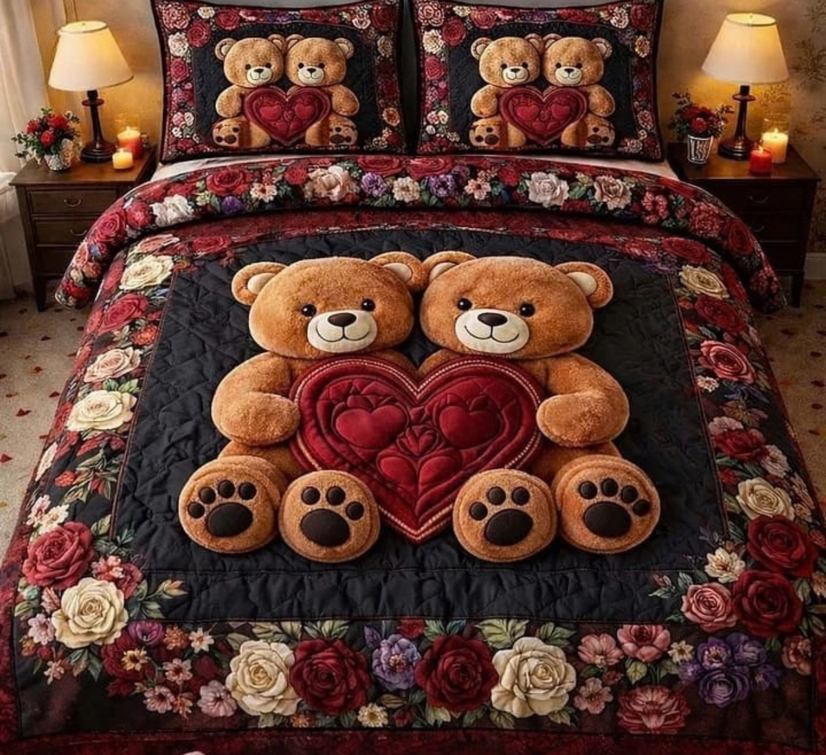Luxury Teddy Bear Floral Quilted King Size Bedsheet Set