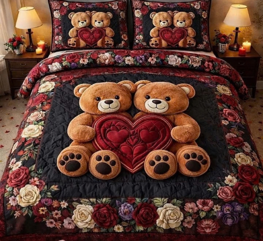 Luxury Teddy Bear Floral Quilted King Size Bedsheet Set