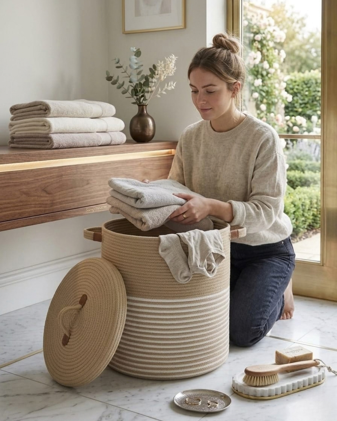 Big Size Handmade Laundry Basket |  Round Jute Cotton Thread Laundry Storage Basket for Home, Bedroom & Bathroom