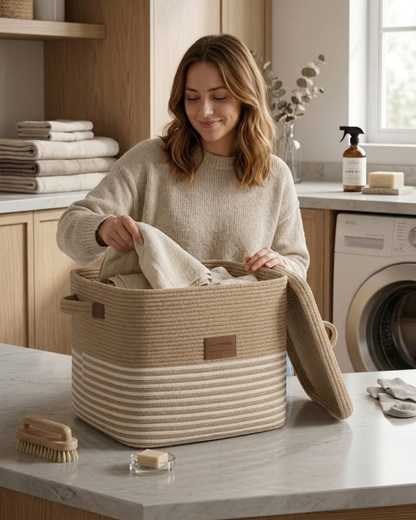 Big Size Handmade Laundry Basket | Rectangular  Jute Cotton Thread Laundry Storage Basket for Home, Bedroom & Bathroom