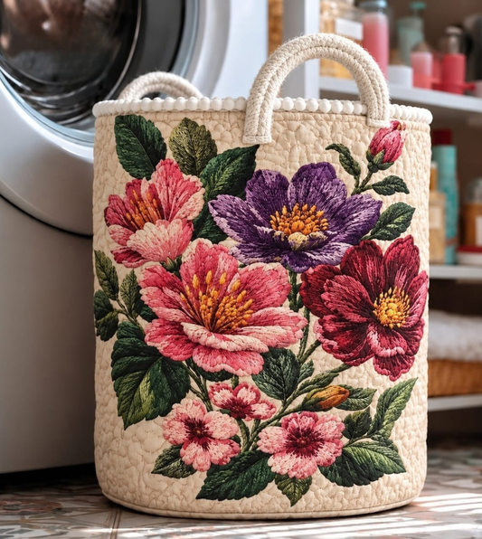 Luxury Floral 7D Printed Fabric Laundry & Storage Basket with Soft Handles