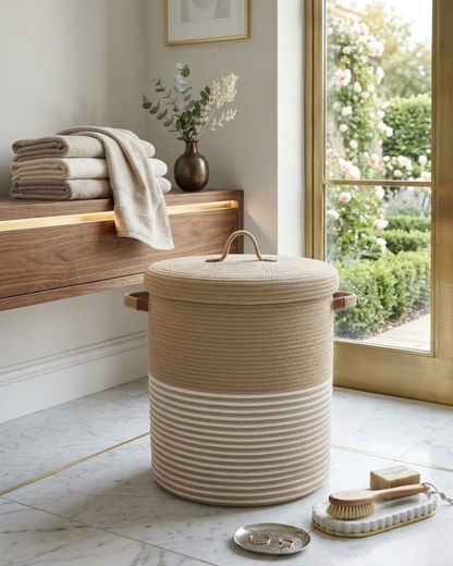 Big Size Handmade Laundry Basket |  Round Jute Cotton Thread Laundry Storage Basket for Home, Bedroom & Bathroom