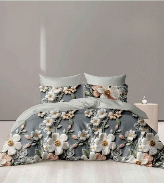 Premium Soft Glace Cotton Floral Bedsheet Set – Elegant Grey & White Flower Print with 2 Pillow Covers