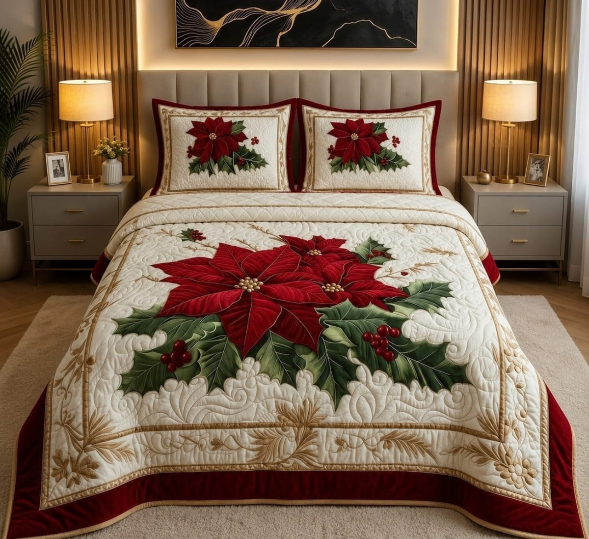 Luxury Quilted Vision Poinsettia Floral Bedsheet with Premium Embroidery