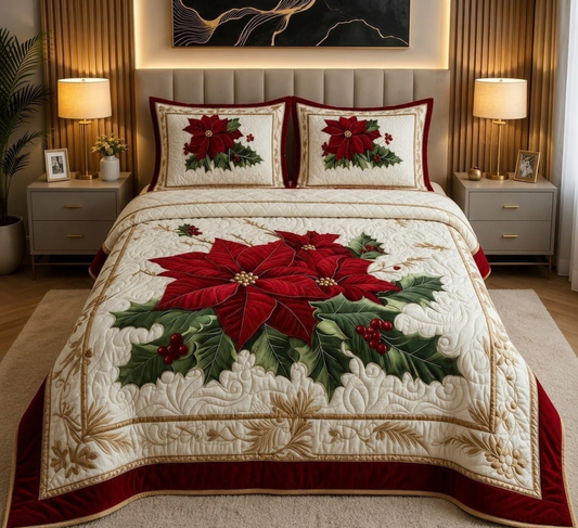 Luxury Quilted Vision Poinsettia Floral Bedsheet with Premium Embroidery
