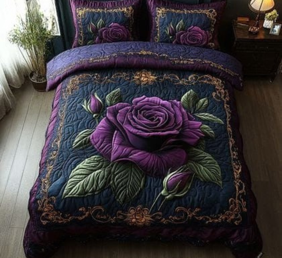 Elegant Purple Rose Quilted Vision King Size Bedsheet