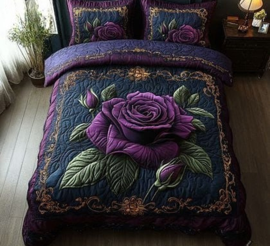 Elegant Purple Rose Quilted Vision King Size Bedsheet