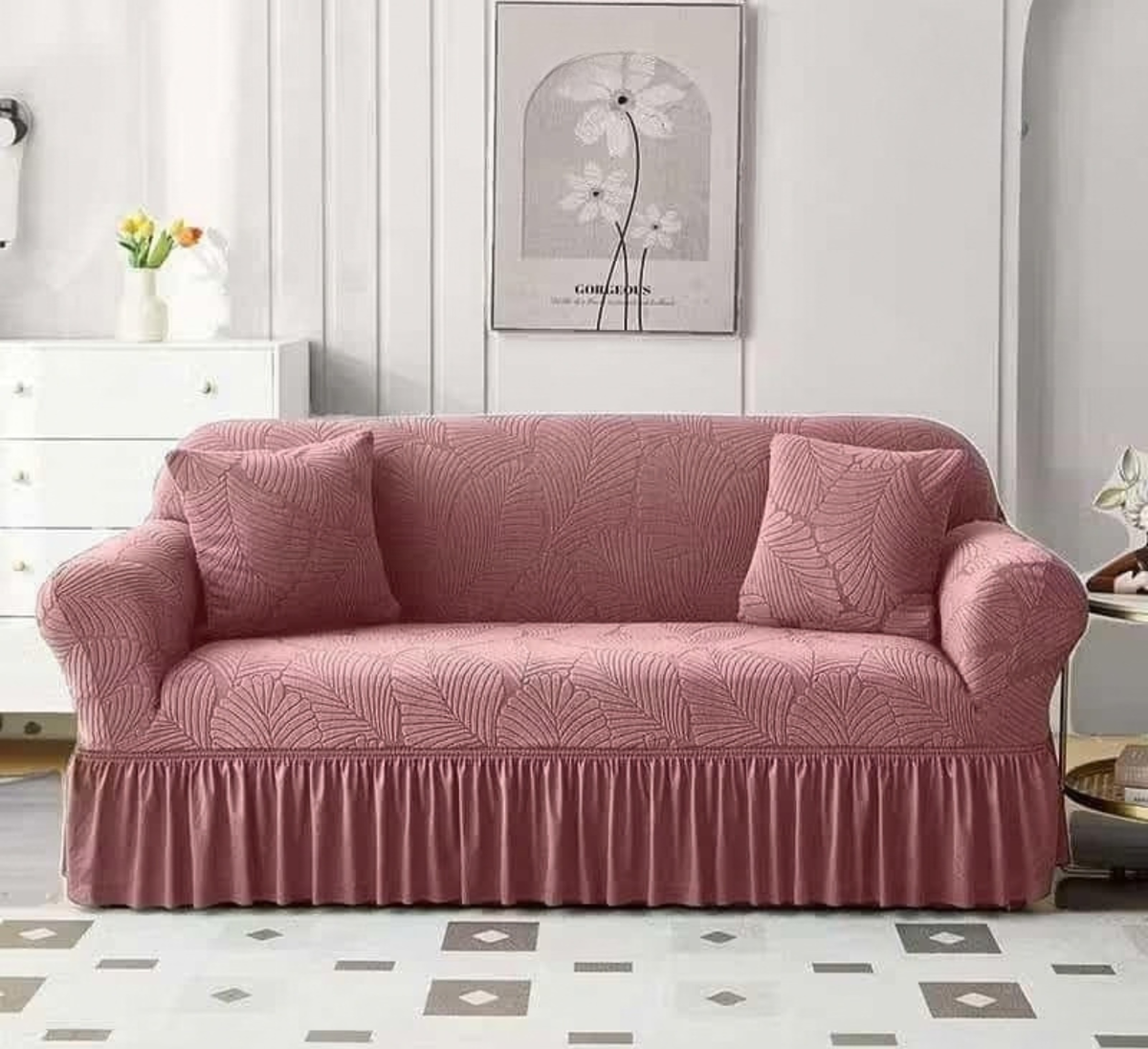 Dusty Rose Jacquard 5 Seater Sofa Cover – Elastic Fitted, Floral Leaf Design, Soft Feel & Elegant Frill