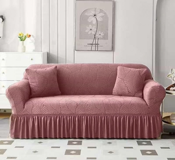 Dusty Rose Jacquard 5 Seater Sofa Cover – Elastic Fitted, Floral Leaf Design, Soft Feel & Elegant Frill