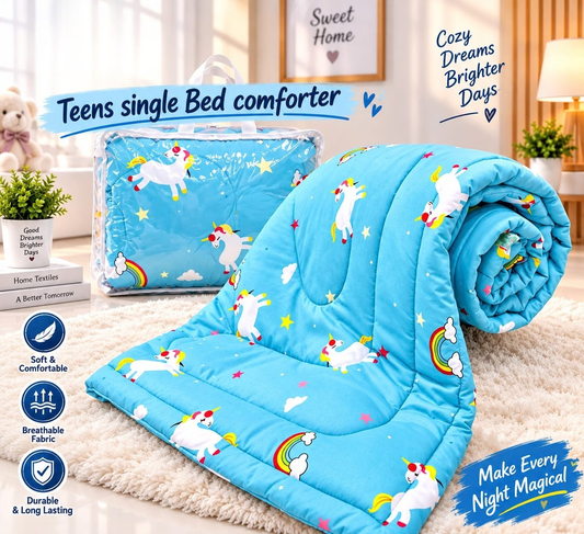 Premium Ultra-Soft Glace Cotton Unicorn 🦄 Rainbow Print Comforter – Single Bed Size 60×100 Inches for Kids