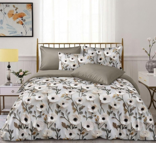 12-D Soft Glace Cotton Bedsheet Set – 3 Pcs (1 Bedsheet + 2 Pillow Covers) | White Floral Print on Grey Base