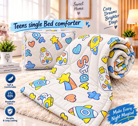Premium Ultra-Soft Glace Cotton Rocket 🚀 & Star Print Comforter – Single Bed Size 60×100 Inches for Kids