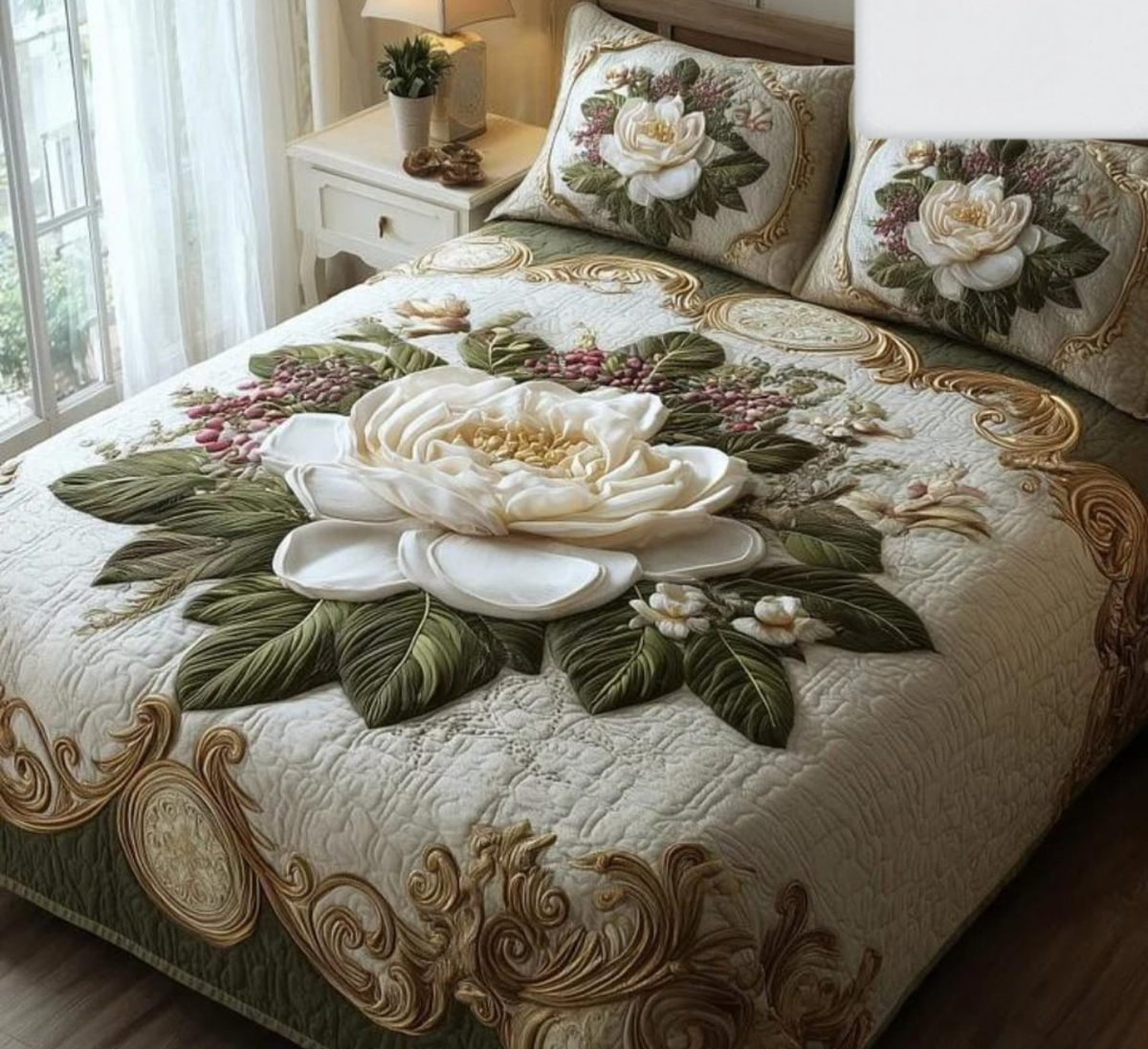 Luxury 3D Floral Quilted King Size Bedsheet Set – 110×110