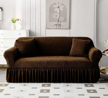 Dark Coffee Brown Jacquard 5 Seater Sofa Cover – Leaf Pattern, Elastic Fit & Elegant Frill