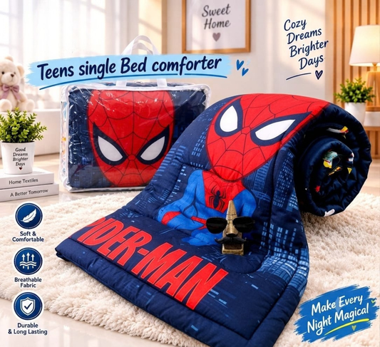 Premium Ultra-Soft Glace Cotton Red & Blue Spiderman 🕷️ Superhero Print Comforter – Single Bed Size 60×100 Inches for Kids