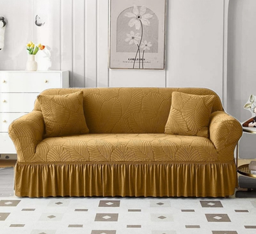 Mustard Yellow Jacquard 5 Seater Sofa Cover – Leaf Pattern, Stretchable Fit & Frill