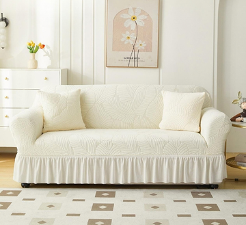 Ivory White Jacquard 5 Seater Sofa Cover – Leaf Pattern, Stretchable Fit & Elegant Frill