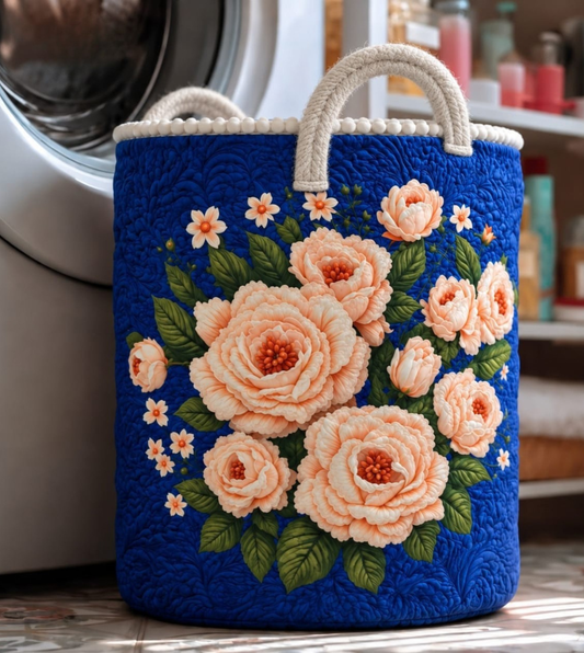 Luxury Royal Blue Floral 7D Printed Fabric Laundry & Storage Basket with Soft Handles