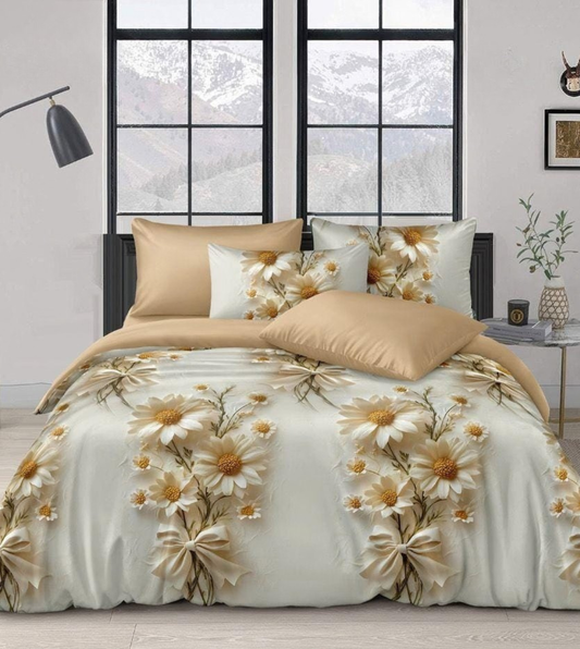Premium Soft Glace Cotton Floral Bedsheet Set – Elegant White & Beige Daisy Print with 2 Pillow Covers