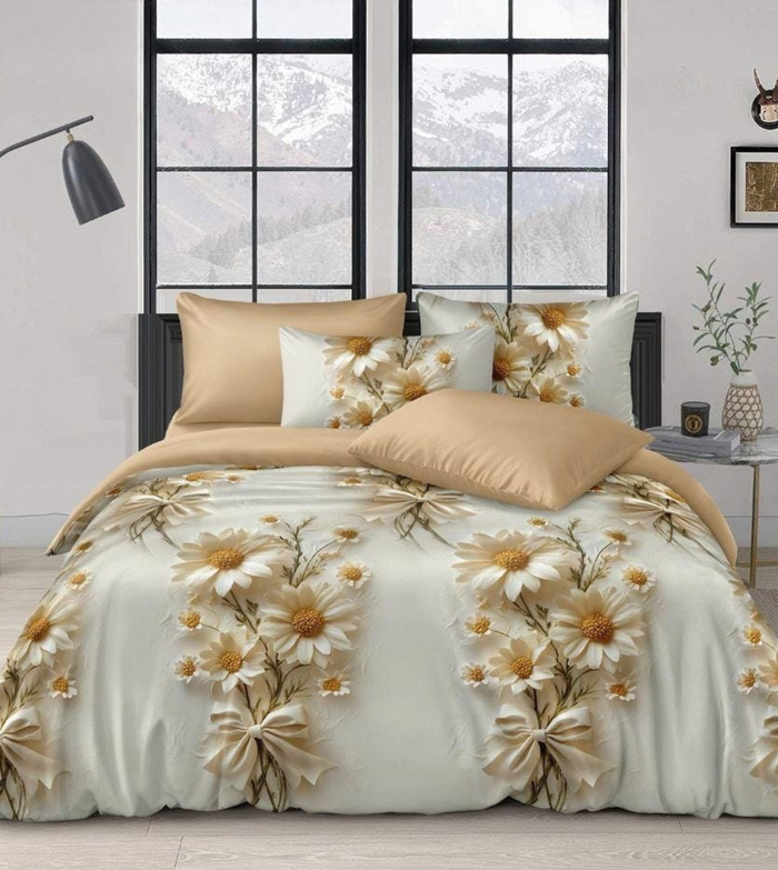 Premium Soft Glace Cotton Floral Bedsheet Set – Elegant White & Beige Daisy Print with 2 Pillow Covers
