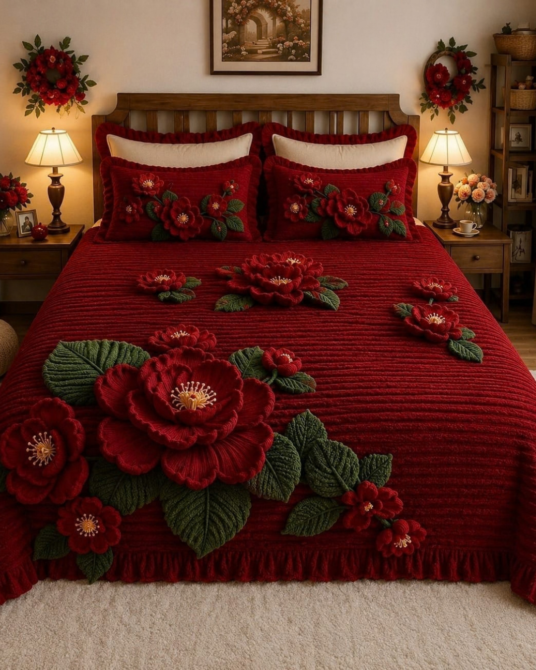 Luxury Quilted Red Rose Floral King Size Bedsheet Set – 108×108