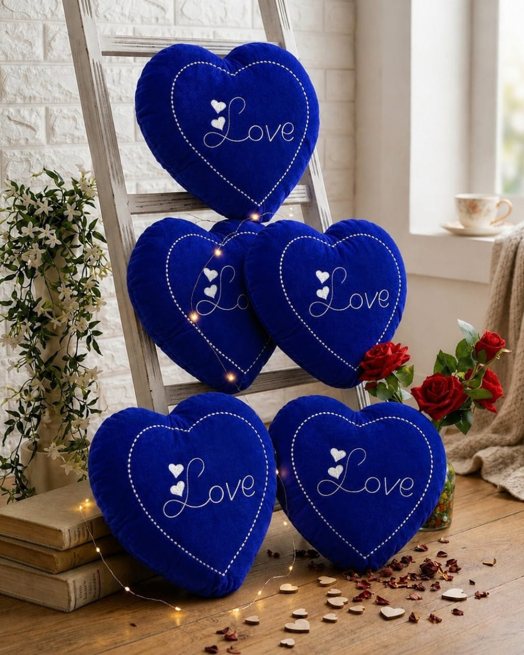 Royal Blue Heart Embroidered Velvet Cushion Set of 5 – Love Design, Soft Filled & Premium Décor