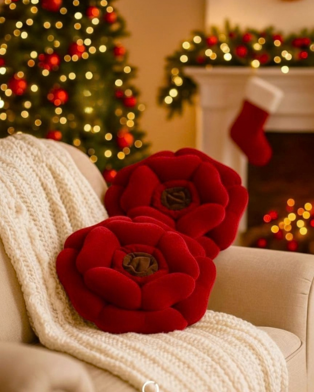 Luxury Floral Cushion Set | Bright Red Flower-Shaped Decorative Cushions with Brown Centre for Sofa, Bed & Living Room