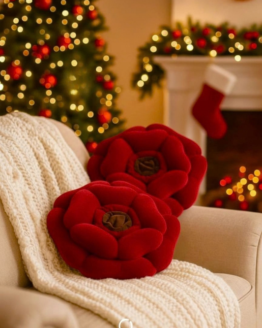 Luxury Floral Cushion Set | Bright Red Flower-Shaped Decorative Cushions with Brown Centre for Sofa, Bed & Living Room