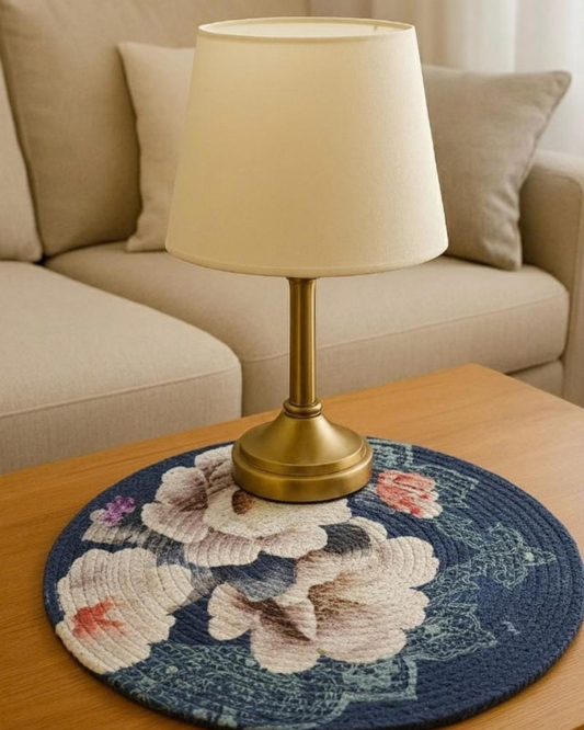Jute Round Floral Printed Table Mat | Navy Blue | Decorative Mat for Coffee Table, Side Table & Home Décor