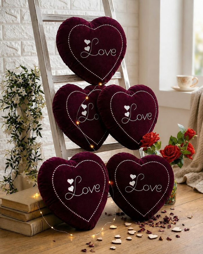 Burgundy Heart Embroidered Velvet Cushion Set of 5 – Love Design, Soft Filled & Premium Décor