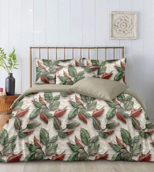 Premium Soft Glace Cotton Leaf Print Bedsheet – Double Bed Size with 2 King Size Pillow Covers