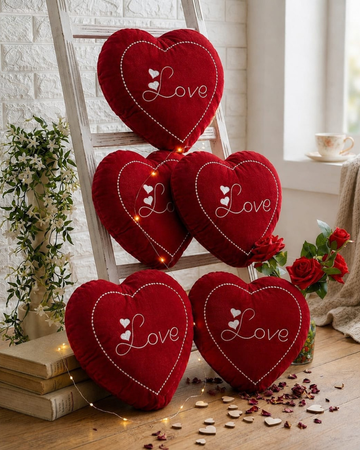Wine Red Heart Embroidered Velvet Cushion Set of 5 – Love Design, Soft Filled & Premium Décor
